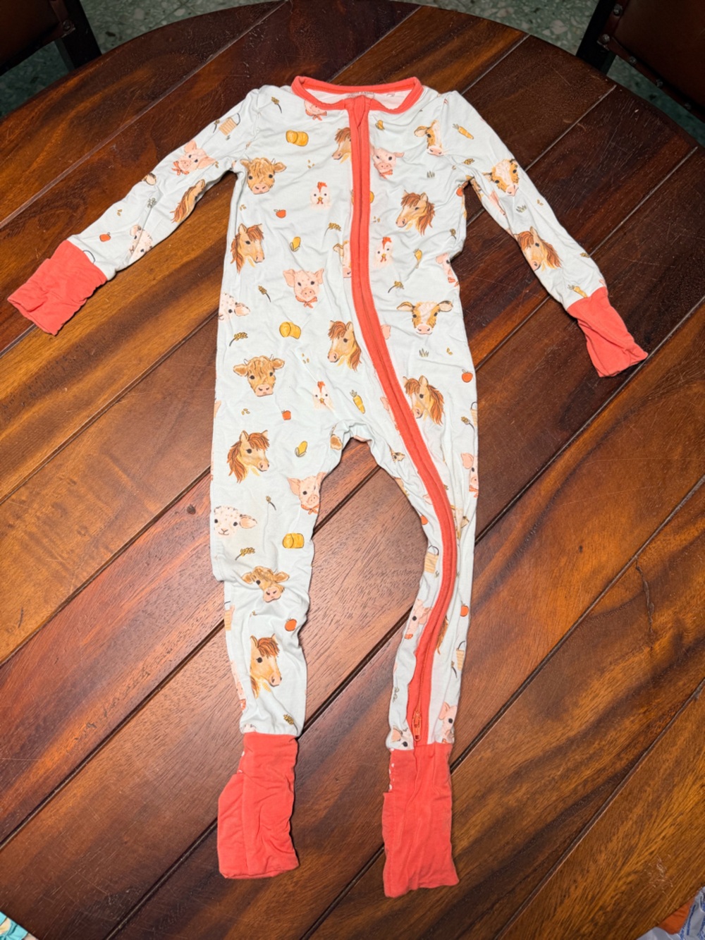 Angel Dear Cream Footed One-Piece with Coral Trim and Animal Print